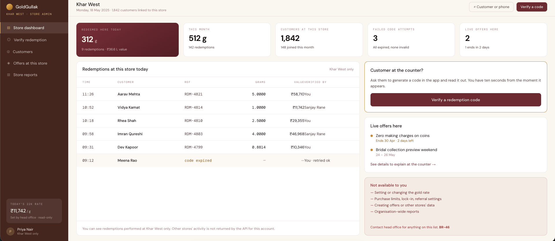 GoldGullak partner store dashboard