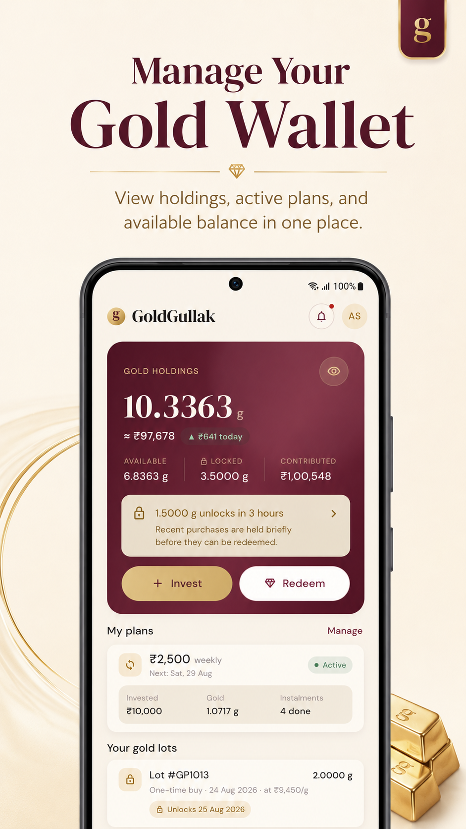 Gold wallet holdings screen