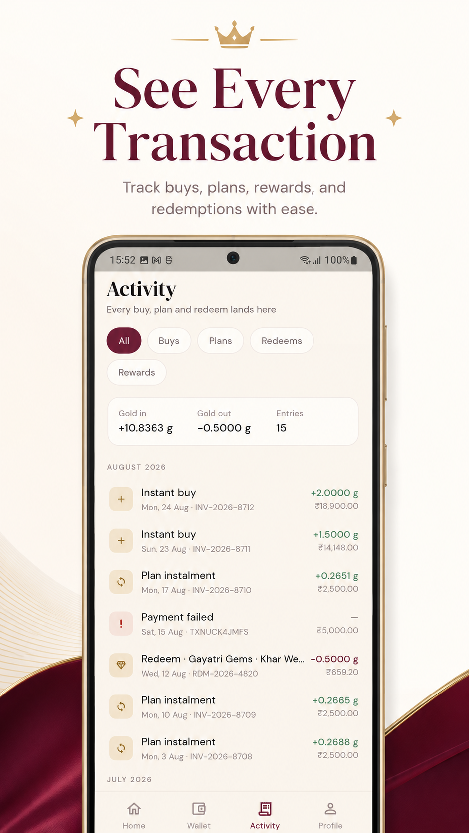 Gold activity transaction history screen
