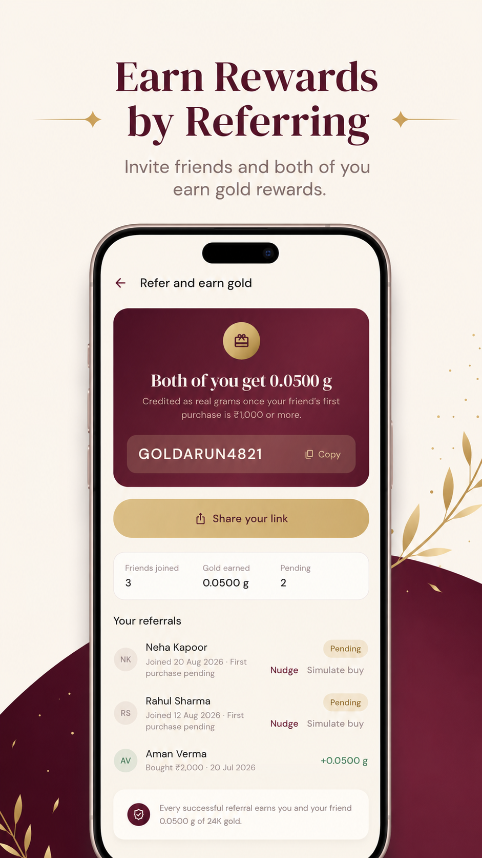 Refer and earn gold screen